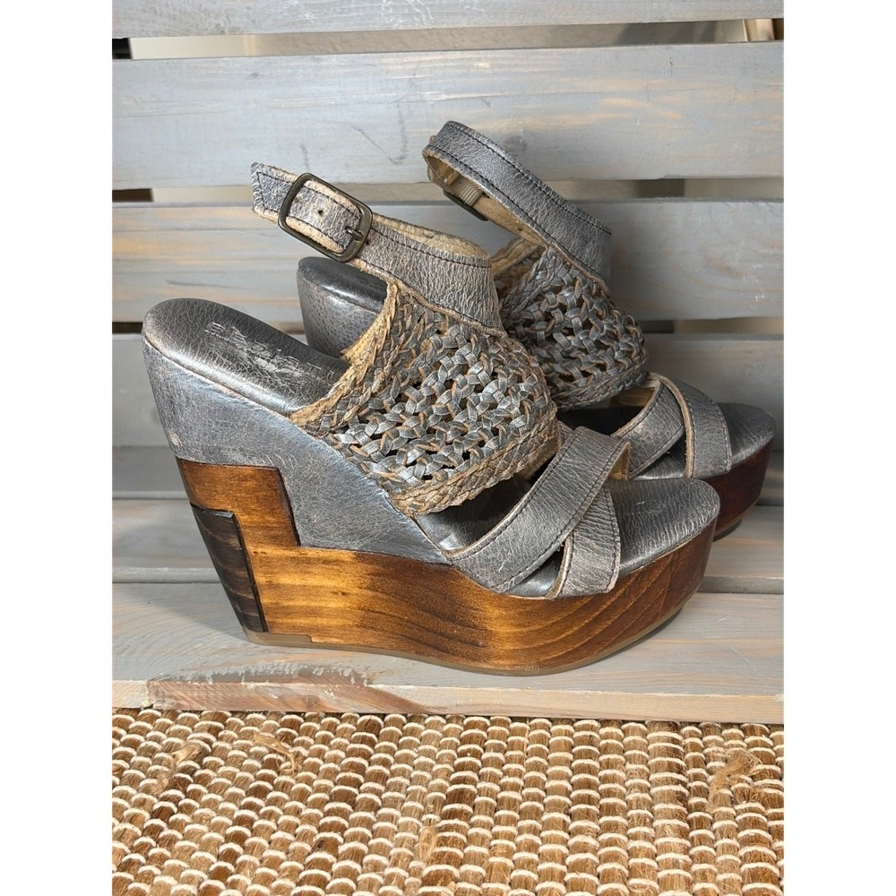 Bed Stu Silver Woven Leather Platform Wedge‎ Sandals Womens 6 Metallic Boho Wood